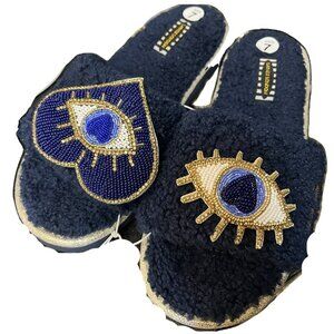 NWOB- Laines London Teddy Towelling Navy Blue & Gold Double Eye Brooches Size Me
